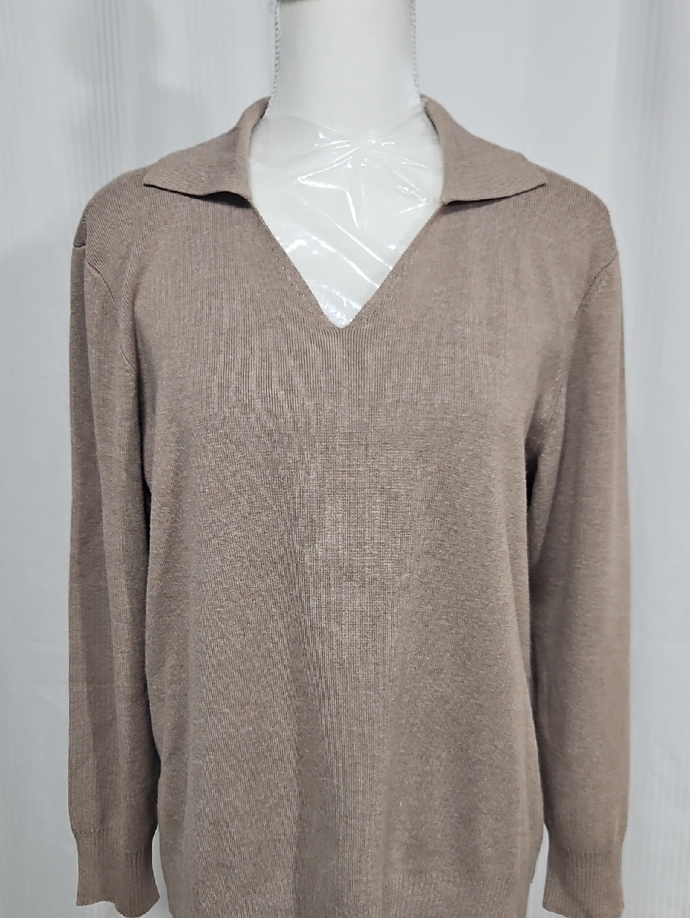 Investments Women's V-Neck Polo Collar Sweater in Taupe